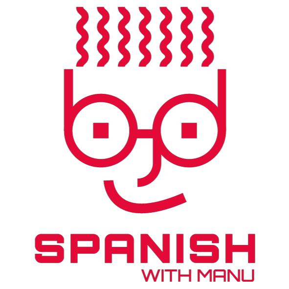 Official SpanishwithManu logo, red stroke that draws a happy face with glasses and curly hair