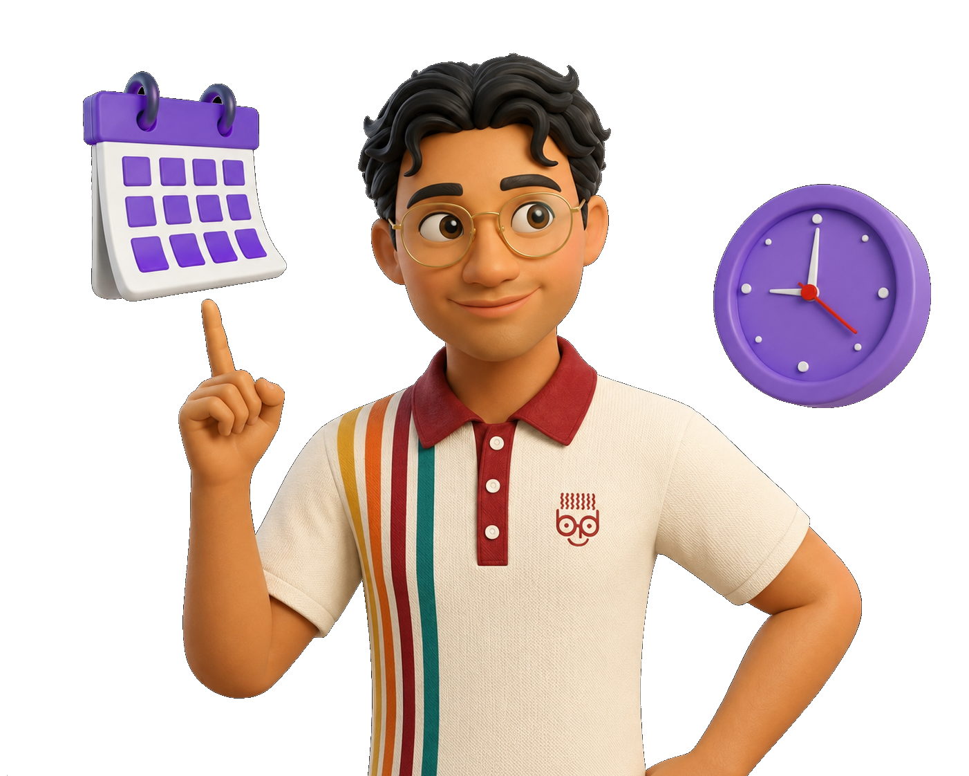 Manu Guerrero avatar pointing at a calendar, next to a floating clock, and choosing the best time for a lesson