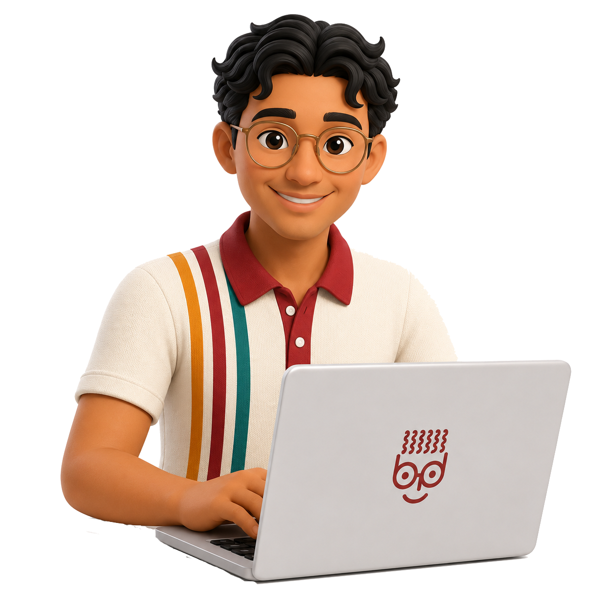 Spanish with Manu avatar looking at the camera while holding his laptop between his arms