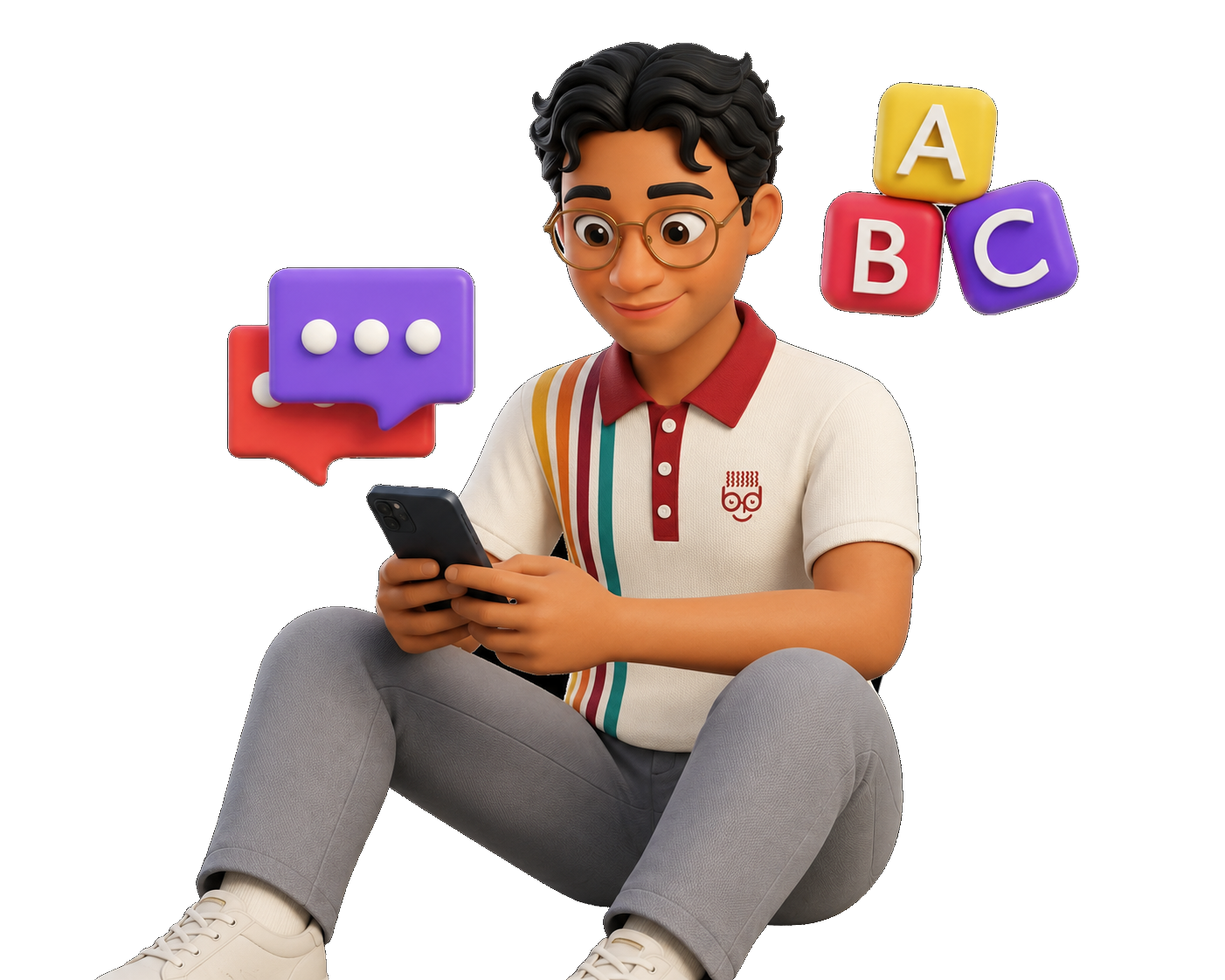 Manu Guerrero avatar seated while holding his phone and booking the best option for an online lesson