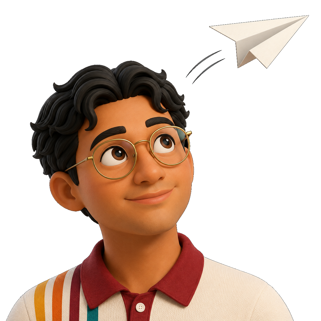 Manu Guerrero avatar looking up to a paper plane that flies over his head