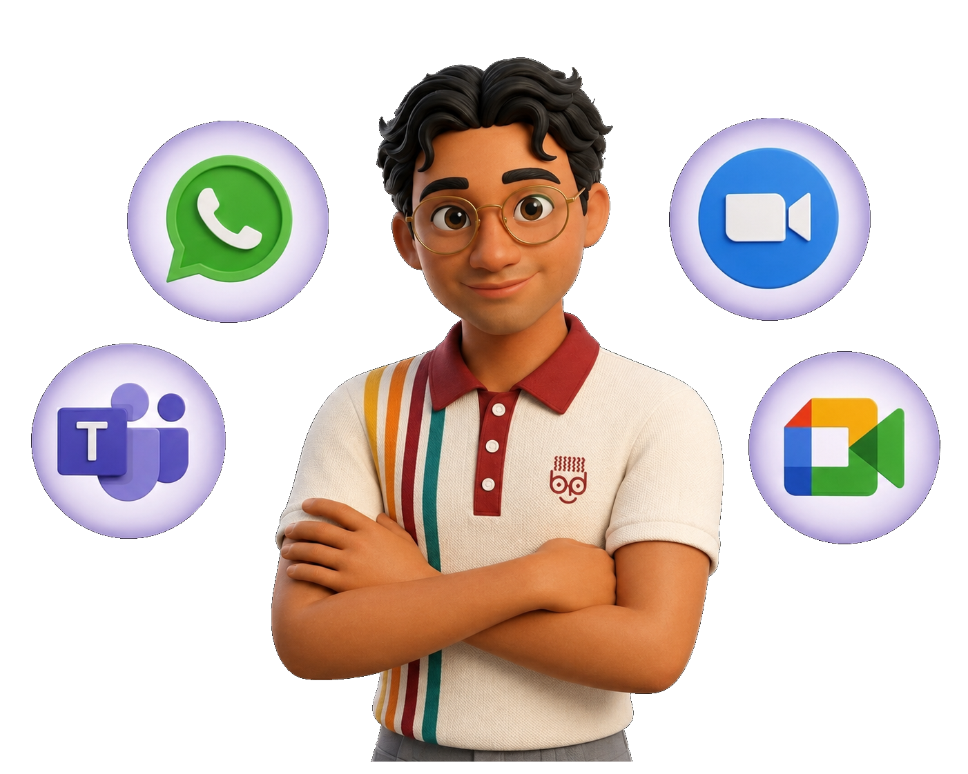 Manu Guerrero avatar showing all the platforms available for a lesson, these are displayed as icons floating around his figure. It includes: Google Meet, Zoom, WhatsApp and Microsoft Teams