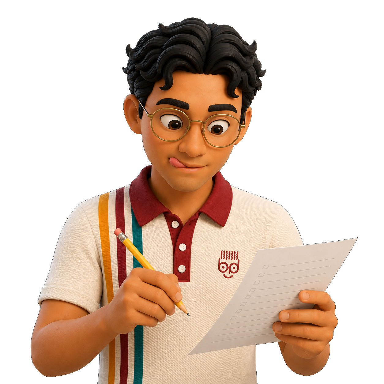 Manu Guerrero avatar focusing on taking a test while holding a paper and pencil between his hands